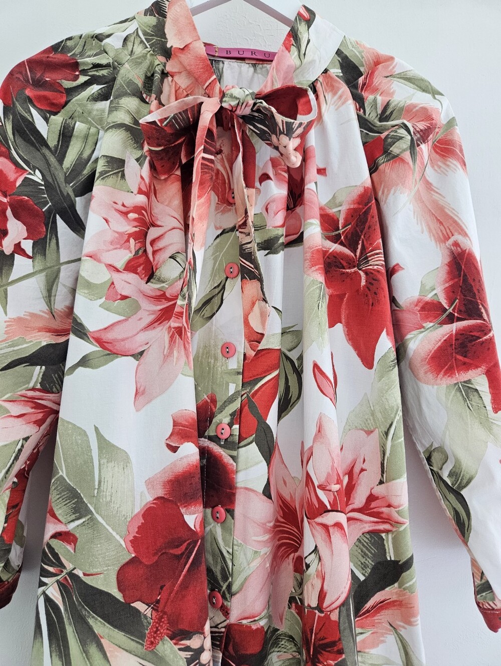 BURU Housedress Floral Tie Buttondown Long Sleeve Cotton Midaxi Dress - Picture 6 of 11